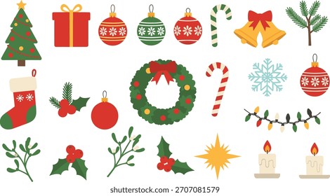 Festive christmas holiday elements collection including tree ornaments gifts holly  wreath for 