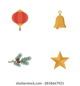 Festive christmas holiday featuring a red paper lantern, a golden bell, a pine branch with cones, and a yellow star on a white background