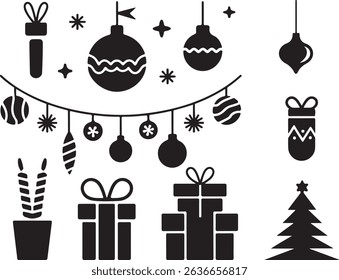 Festive Christmas Holiday Icons and Symbols in Silhouette vector