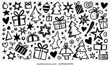 Festive Christmas holiday pattern with hand drawn trees and gifts