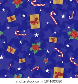Festive Christmas holiday seamless pattern on blue background
