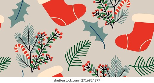 Patrón inconsútil de las Navidades festivas Festiva con las medias y el acebo