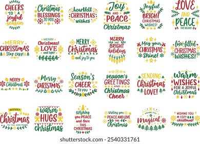 A festive Christmas holiday typography vector bundle featuring colorful messages like "Cheers to a Joyful Season," "Season’s Greetings and Christmas Cheer," and more. Ideal for holiday cards, 