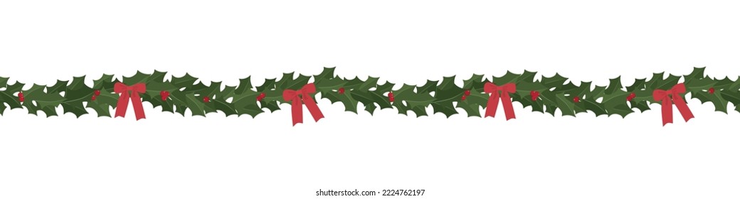 Festive Christmas holly leaves and berries with a red bow seamless border pattern. Isolated on white background. Holiday decoration design. Vector illustration.