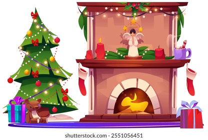 Festive Christmas home interior with decorated tree beside glowing fireplace. Cartoon winter holiday elements - angel and burning candles, hung stockings and wrapped gifts, seasonal decorations.