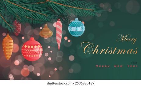 Festive Christmas horizontal banner with the image of branches of a Christmas tree and  toys. Christmas symbols, decorations and text. Merry Christmas and Happy New Year.
