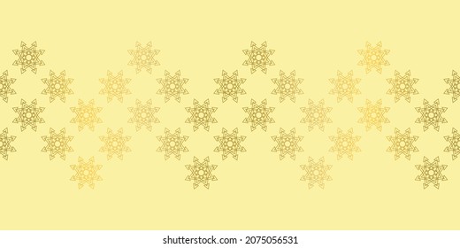 Festive Christmas horizontal pattern border with gold stars on light yellow background. Seamless vector ornament for gift wrapping paper, cards, gift boxes, web, textiles and decorations. 
