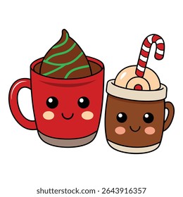 Festive Christmas hot chocolate and coffee cup set featuring holiday-themed mugs, whipped cream, candy canes, and cozy winter decor—perfect for seasonal sipping joy!
