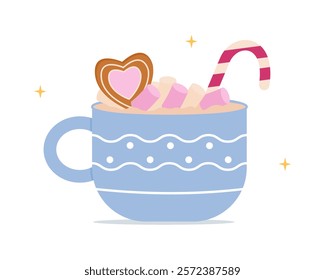 Festive Christmas hot drink. Mug of hot cocoa with marshmallows and sweets. Vector illustration