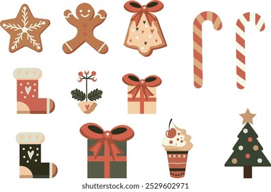 A festive Christmas icon set featuring gingerbread, candy canes, gifts, stockings, and more! Perfect for holiday designs, cards, and decorations. Get in the holiday spirit!