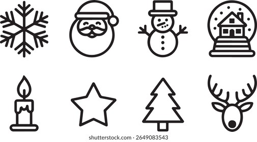 Festive Christmas Icon Set Featuring Snowflake, Santa, Snowman, Globe, Candle, Star, Tree, and Reindeer Illustrations for Holiday Designs