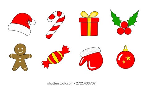 A festive Christmas icon set featuring classic holiday elements such as Santa hat, Christmas ornaments, Christmas cookies, winter gloves, candy, gift boxes, and cherry fruit. Designed in a clean and consistent style, these icons represent warmth, celebration, and joyful holiday atmosphere.