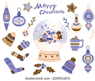 Festive Christmas icon set .Glass ball with houses and falling snow, Christmas decorations, winter clothes, inscription.Vector cute cartoon illustration