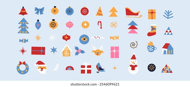 Festive christmas icon set: ornaments, trees, gifts, and seasonal symbols for holiday design.