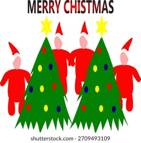 Una hoja de Navidades festivas con dos árboles de Navidad decorados y cuatro alegres íconos de Papá Noel, perfecto para pegatinas navideñas, tarjetas de felicitación, empaques y Diseño gráfico de temporada.