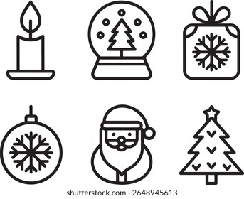 Festive Christmas Icons Depicting Classic Holiday Elements like Candles, Snow Globes, Presents, Ornaments, Santa Claus, and Decorated Trees