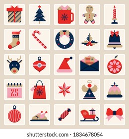 Iconos navideños festivos, colección de elementos para patrones, tarjetas, fondo vectorial.  Temporada de invierno.