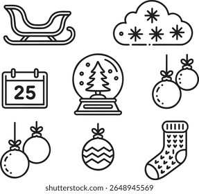 Festive Christmas Icons Featuring a Sleigh, Calendar, Snowglobe, Ornaments, Stocking, and Snowy Cloud in Black and White