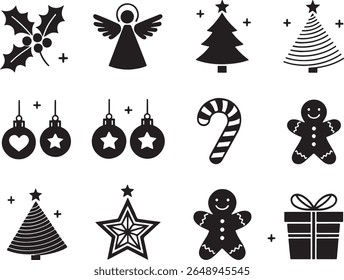 Festive Christmas Icons Featuring Traditional Holiday Symbols Holly Angel Tree Ornaments Candy Cane Gingerbread Man Star and Wrapped Gift