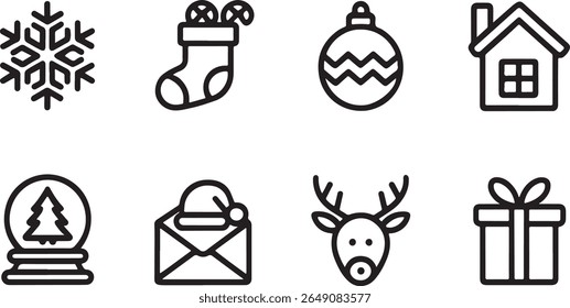 Festive Christmas Icons Line Art Holiday Cheer and Winter Season Celebration Symbols