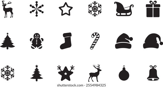 Festive Christmas Icons Set in Black Silhouettes.Santa Claus, sleigh, reindeer, tree etc