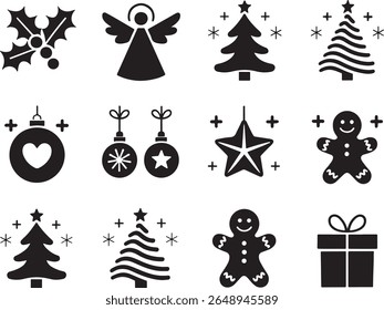 Festive Christmas Icons Set A Collection of Holiday Cheer Including Holly Angel Christmas Trees and Gingerbread Man Decorations for a Festive Season