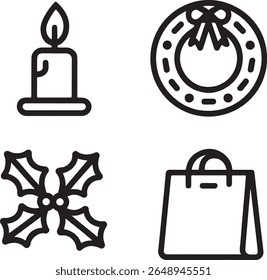 Festive Christmas Icons Set Depicting a Candle, Wreath, Holly, and Shopping Bag in Minimalist Black and White