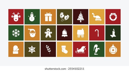 Festive Christmas icons of trees, bells, gifts, and snowflakes, perfect for holiday designs and projects.