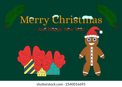 Festive Christmas illustration featuring a cheerful gingerbread man, wrapped gifts, and a Merry Christmas greeting. Perfect for holiday cards.