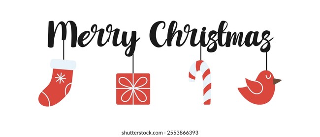 Festive Christmas illustration featuring "Merry Christmas" text with hanging decorative elements: a red stocking, gift box, candy cane, and bird. Vector