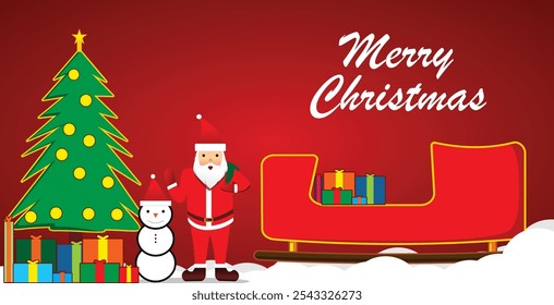 Festive Christmas illustration featuring Santa Claus, a snowman, a decorated tree, sleigh, and many colorful presents on a snowy background with "Merry Christmas" text.