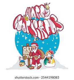 A festive Christmas illustration featuring Santa Claus, a snowman, and the word "Merry Christmas" in colorful, stylized lettering. The design includes candy canes, snowflakes, and a sign.