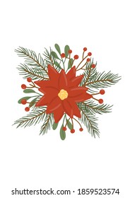 Festive Christmas illustration with floral elements. Hand drawn vector greeting card for posters and winter decorative design. Christmas template. Merry Christmas and Happy New Year illustration