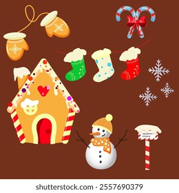 Festive Christmas illustration with gingerbread house, snowman, mittens, socks, candies and snowflakes on brown background
