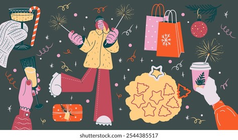 Ilustración de Navidades festivas con Elementos de vacaciones: manos sosteniendo vasos, bengalas, café, galletas, bolsas de regalo, adornos de Navidades, regalos. Vector de estilo retro para un ambiente festivo alegre