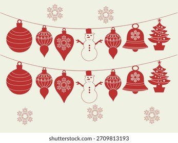 Conjunto de ilustración de Navidades festivas con Santa Claus, adornos navideños, muñecos de nieve, campanas y árboles de Navidad decorados. Perfecto para tarjetas de felicitación, Anuncios de temporada, publicaciones en redes sociales e invierno