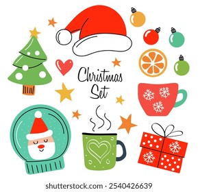 Festive Christmas illustration set with Santa hat, decorated christmas tree, mugs, gift box, snow globe and stars. Perfect for holiday cards, decorations and seasonal projects. Vector illustration.