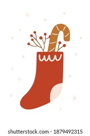 Festive Christmas illustration with sock and gingerbread cookies. Hand drawn vector greeting card for posters and winter decorative design. Christmas template. Merry Christmas and Happy New Year card
