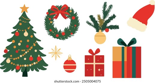 Festive Christmas illustrations featuring a decorated tree, wreath, presents, ornaments, and a Santa hat, all in classic holiday colors.