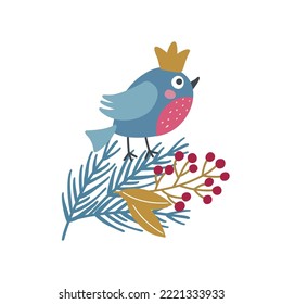 Festive christmas image of funny bird in a crown on a Christmas tree branch. Vector graphics on a white background, perfect for posters, postcards, prints on mugs, t-shirts, pillows, wallpapers.
