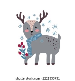 Festive christmas image of funny deer in a scarf with a winter branch. Vector graphics on a white background, perfect for posters, postcards, prints on mugs, t-shirts, pillows, wallpapers.
