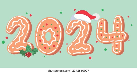 Festive christmas inscription 2024 from gingerbread cookies with icing. Vector illustration