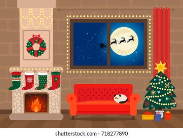 Festive Christmas interior of the room with fireplace, Christmas tree, santa. Greeting card. vector illustration