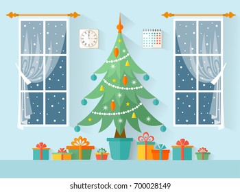 Festive Christmas interior. Vector illustration in a flat style. Christmas tree with boxes and gifts. New Year card.