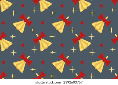 Festive Christmas jingle of golden bells with red ribbon, sparkles, and red triangles. Seamless vector pattern for design and decoration.