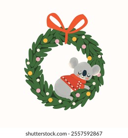 Festive Christmas Koala Bear sleeping on a wreath. Cute merry christmas card with koalas. Little australian bear in winter holiday vector. Illustration cartoon koala postcard, holiday xmas card