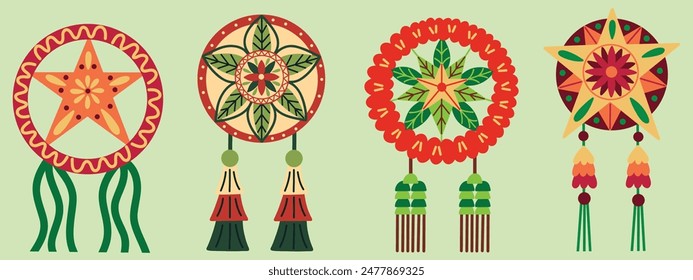 Festive Christmas Lanterns elements set. Traditional Filipino Parol lanterns. Christmas decorations. Hand drawn vector illustrations.