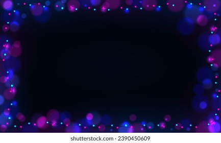 Festive Christmas light blue pink garlands. Decor element for postcards, invitations, backgrounds, business cards. Winter new collection 2024. Christmas background. Neon bokeh vibrant light