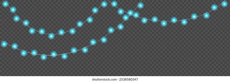 Festive Christmas light bulbs. Lightbulb glowing garland string. Xmas, wedding or New Year party blue led lamps, Christmas decoration. Winter holiday chain of fairy light. Vector festoon.
