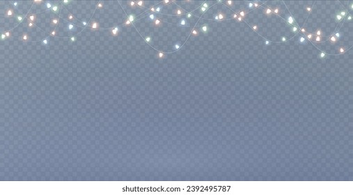 Festive Christmas light colorful garlands PNG. Decor element for postcards, invitations, backgrounds, business cards. Winter background new collection 2023-2024.	
